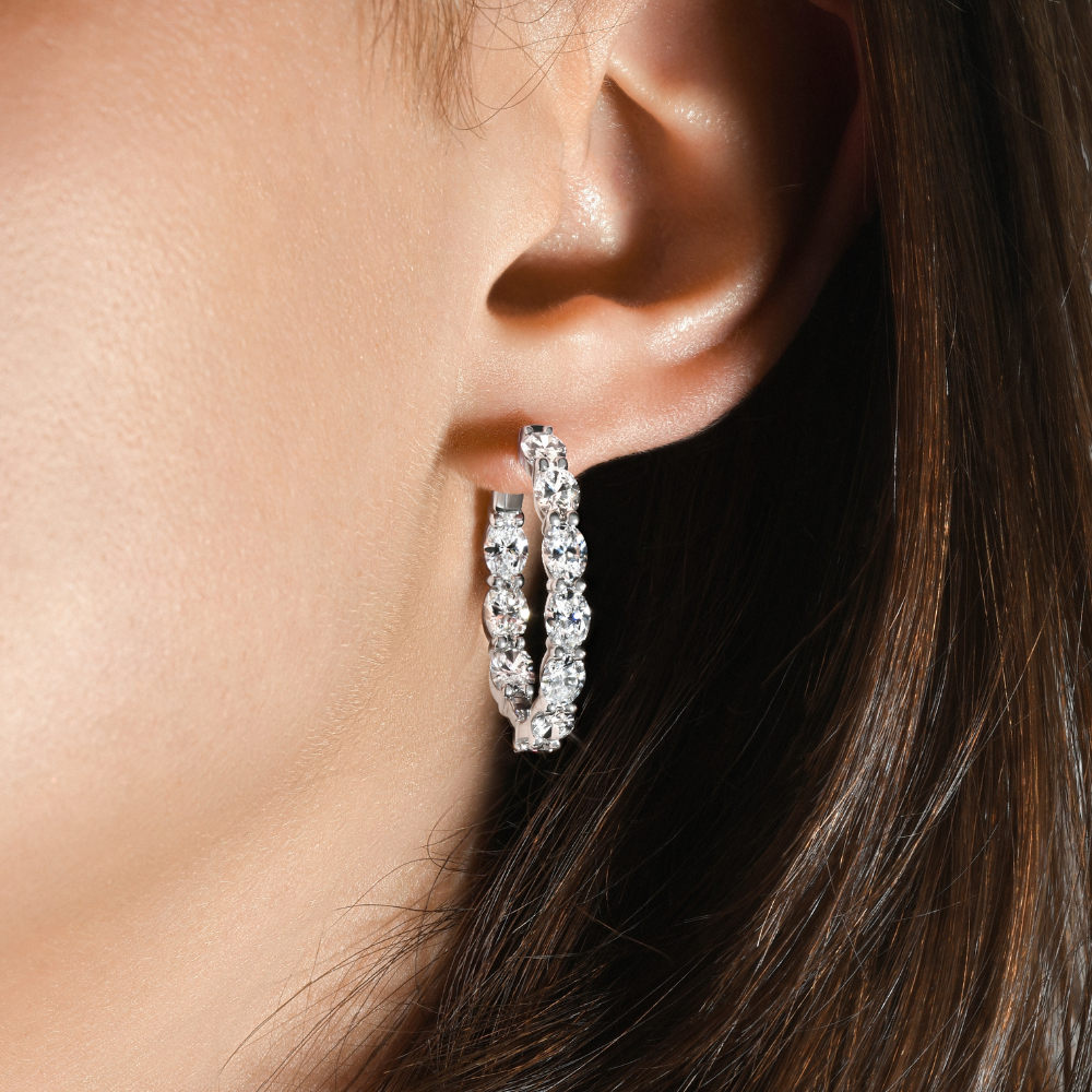 6Ct TW Oval Diamond Inside Outside Hoops Vault Lock 14k White Gold Lab Grown (E-F, VS)