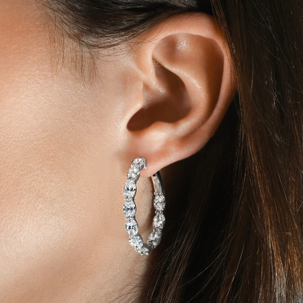 8Ct TW Oval Diamond Inside Outside Hoops Vault Lock 14k White Gold Lab Grown (E-F, VS)