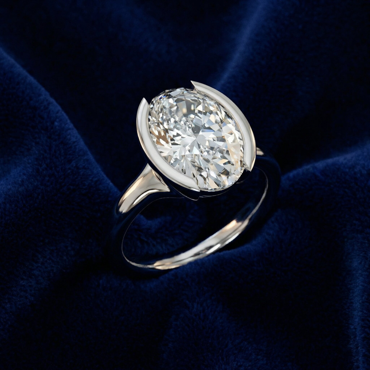 Certified Terresa 3Ct Oval Diamond Engagement Half Bezel Ring Lab Grown (F-G, VS)