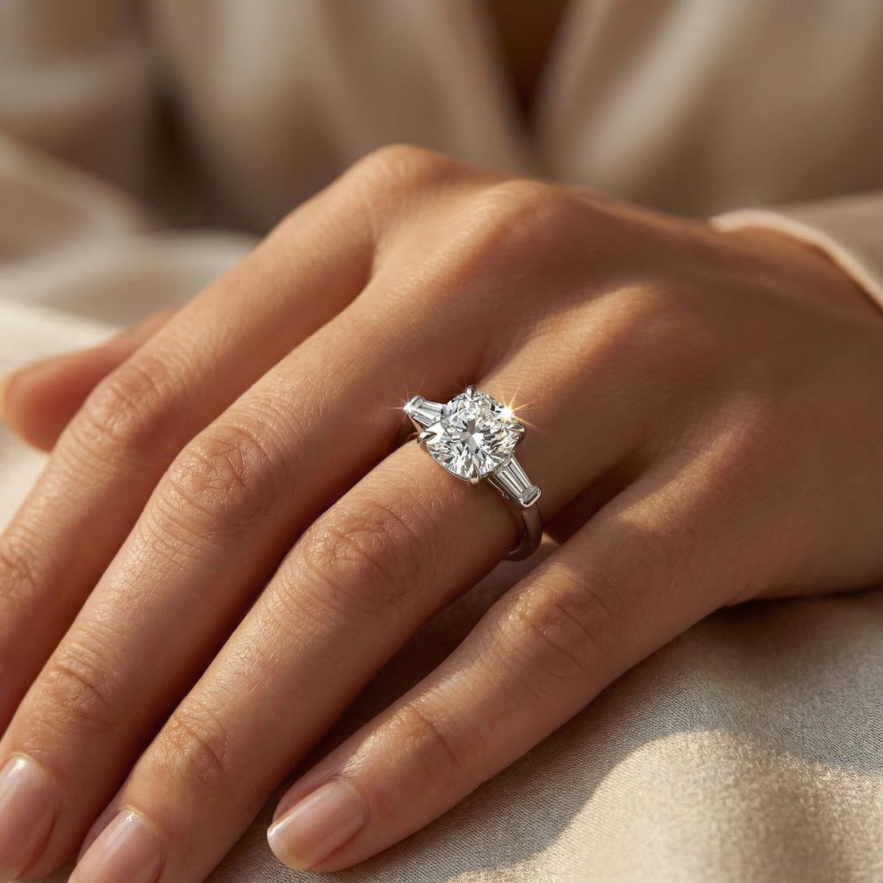 1 1/4ct Cushion & Baguette Diamond Engagement Ring 14k Gold/Platinum Lab Grown (E-F, VS)