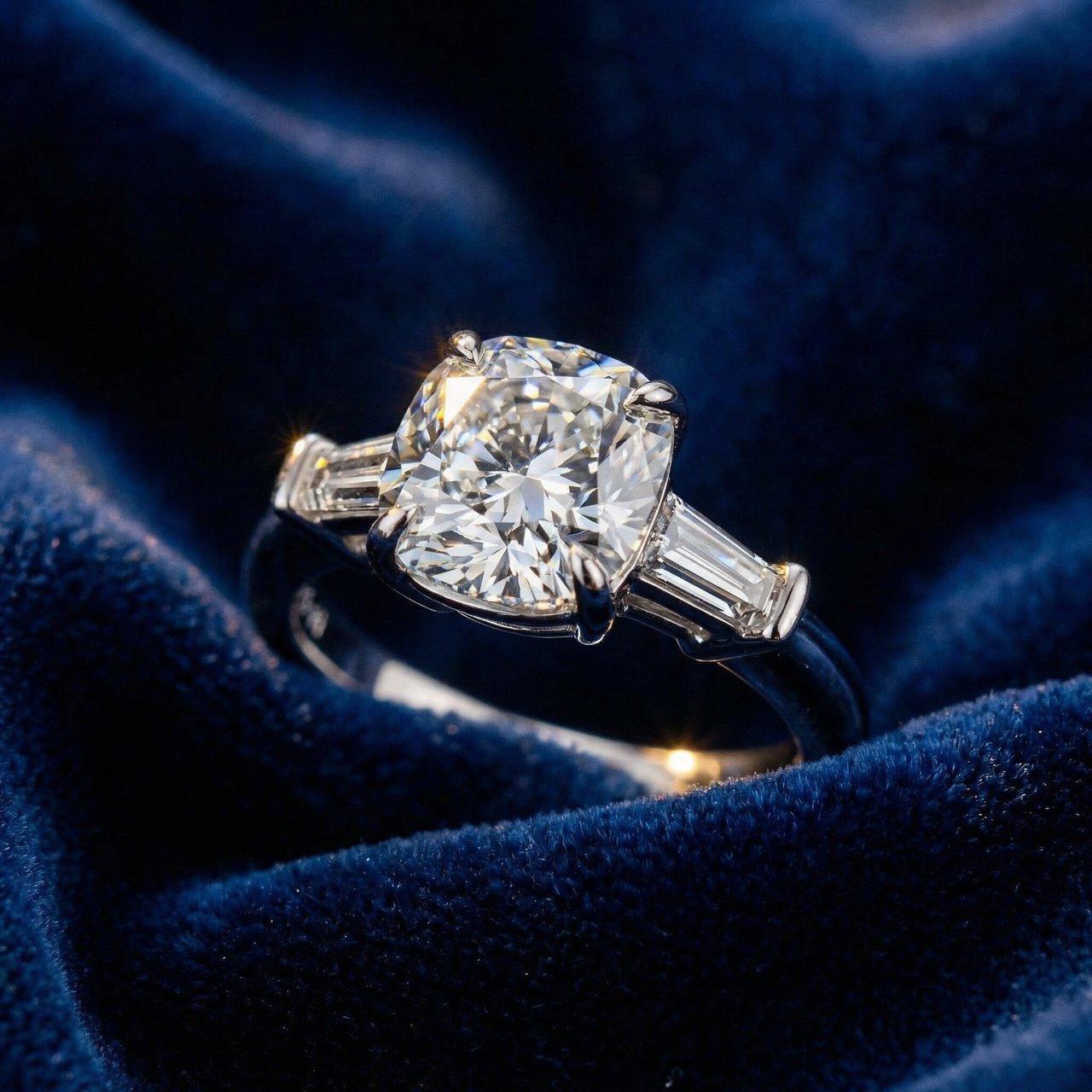 1 1/4ct Cushion & Baguette Diamond Engagement Ring 14k Gold/Platinum Lab Grown (E-F, VS)
