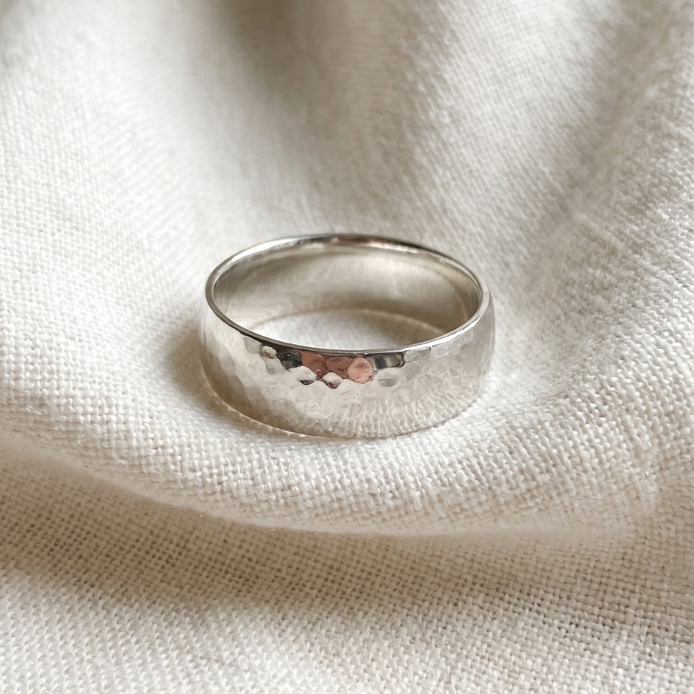 7mm Polished Hammered Wedding Band 10K White Gold