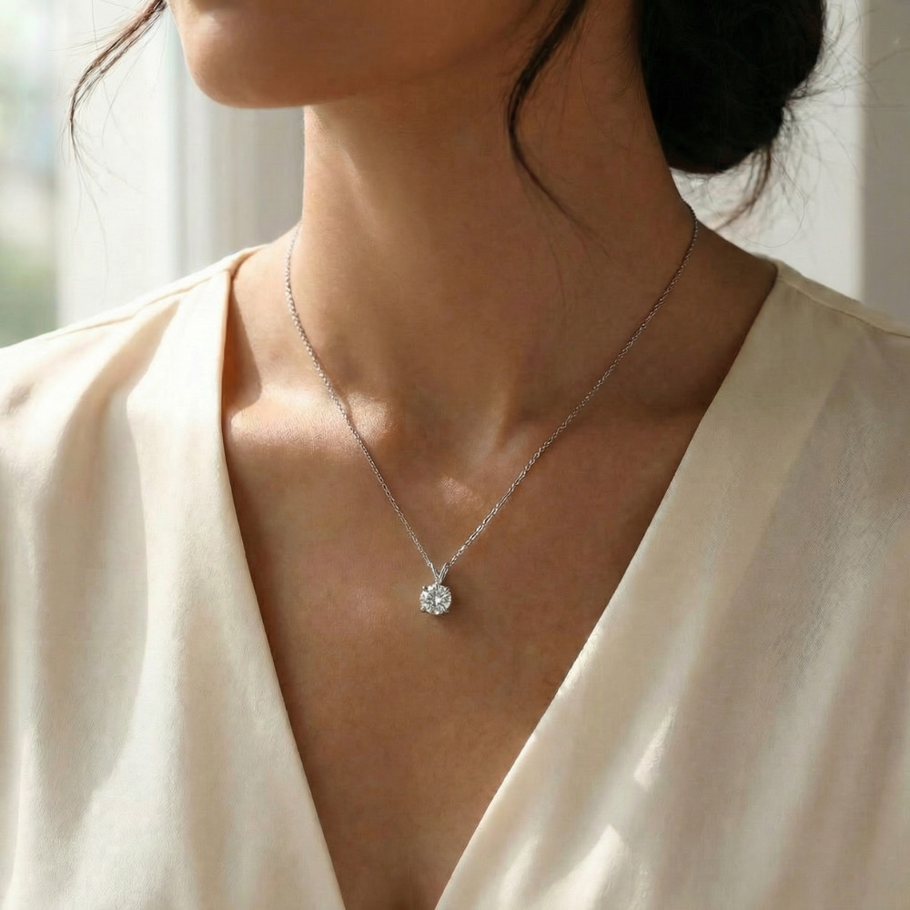 1Ct Solitaire Diamond Pendant 14k Gold Lab Grown 18" Necklace (E-F, VS)