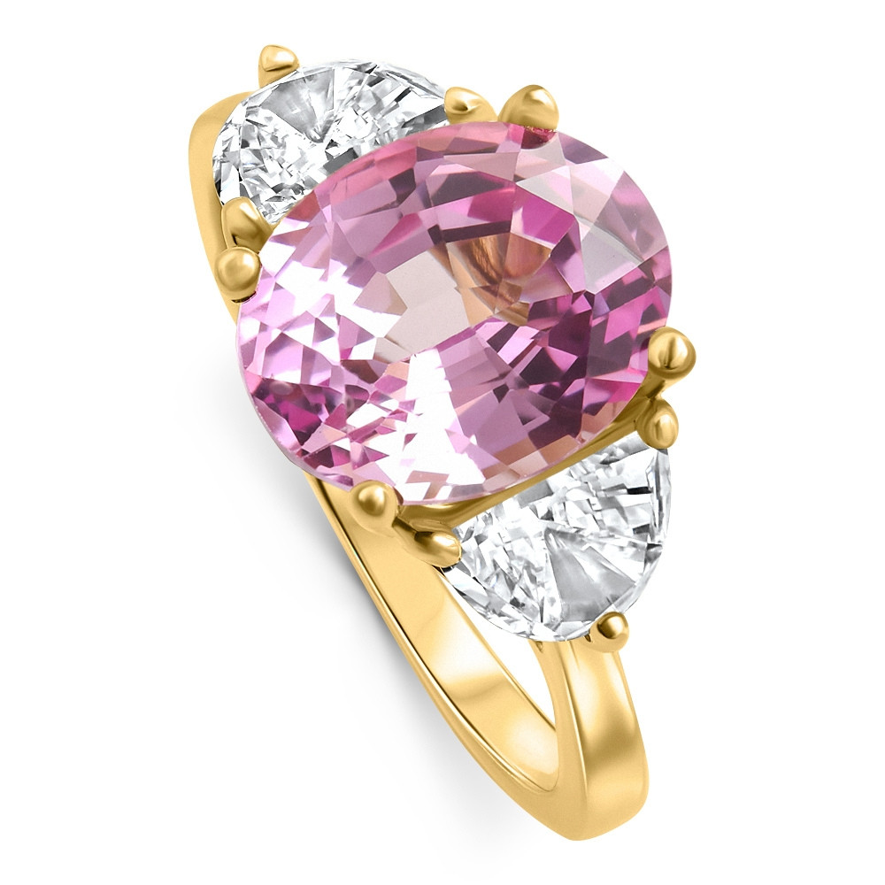 4.89Ct Pink Sapphire & Half Moon Diamond Ring 14k Yellow Gold Lab Grown (E-F, VS)