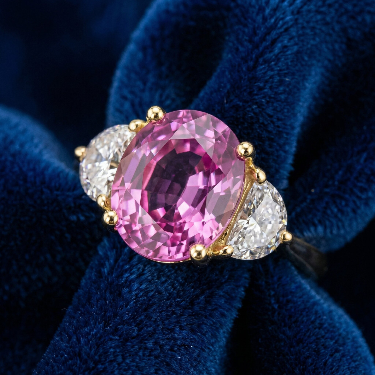 4.89Ct Pink Sapphire & Half Moon Diamond Ring 14k Yellow Gold Lab Grown (E-F, VS)