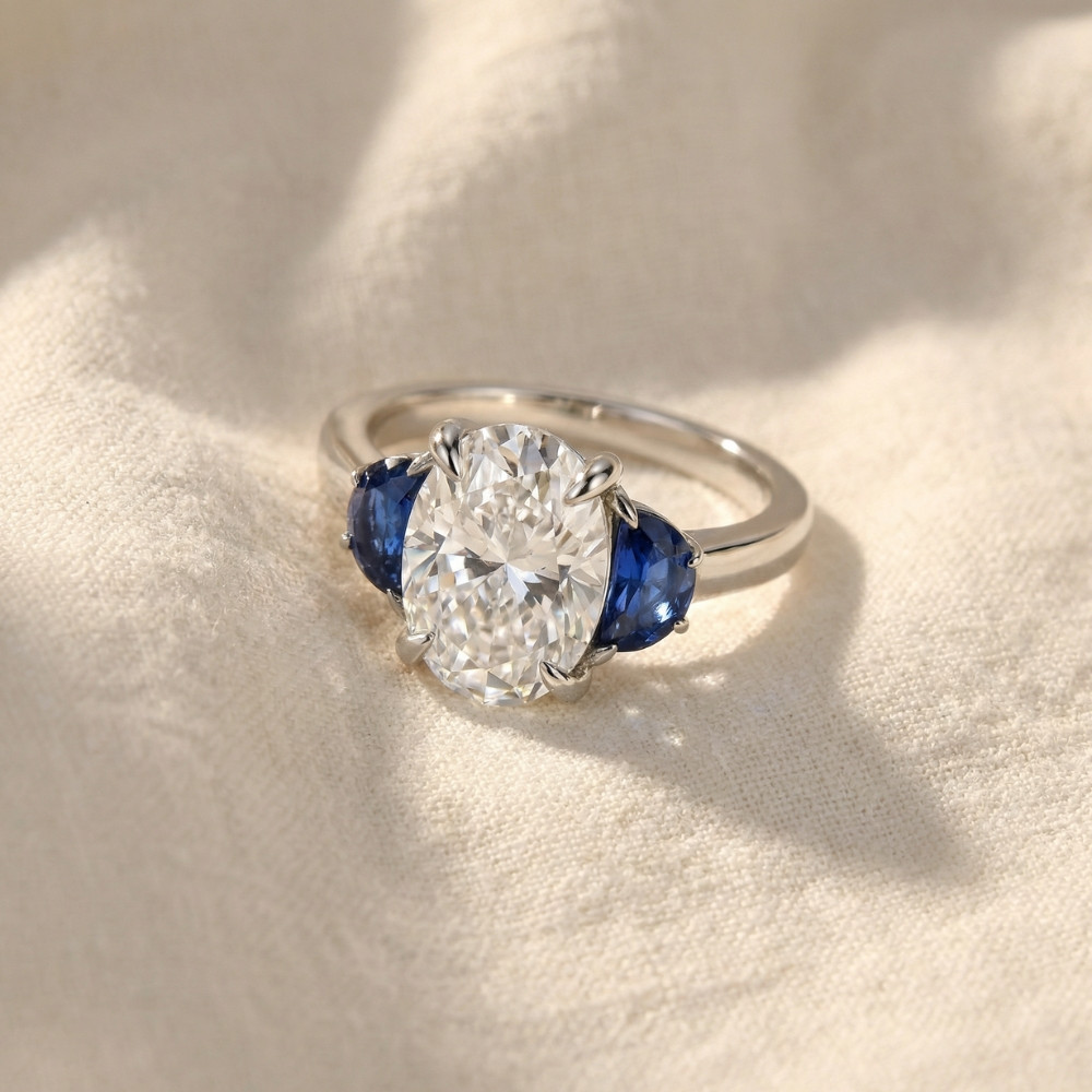 Certified 4.70Ct Oval Diamond & Blue Sapphire Ring 14k White Gold Lab Grown (F-G, VS)