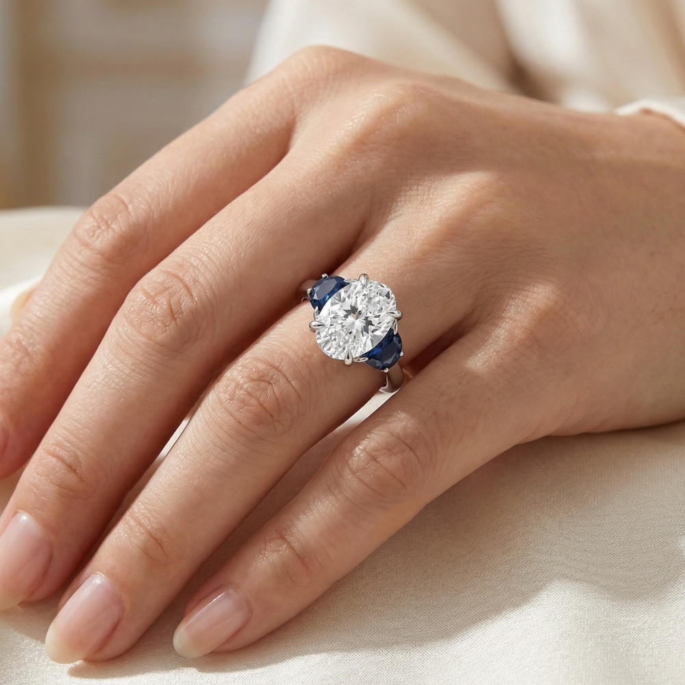 Certified 4.70Ct Oval Diamond & Blue Sapphire Ring 14k White Gold Lab Grown (F-G, VS)