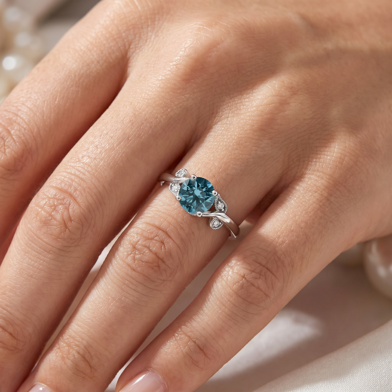 1.67Ct Blue Diamond Mary Ring Vine Engagement Ring 14k White Gold Lab Grown (Blue, VS)