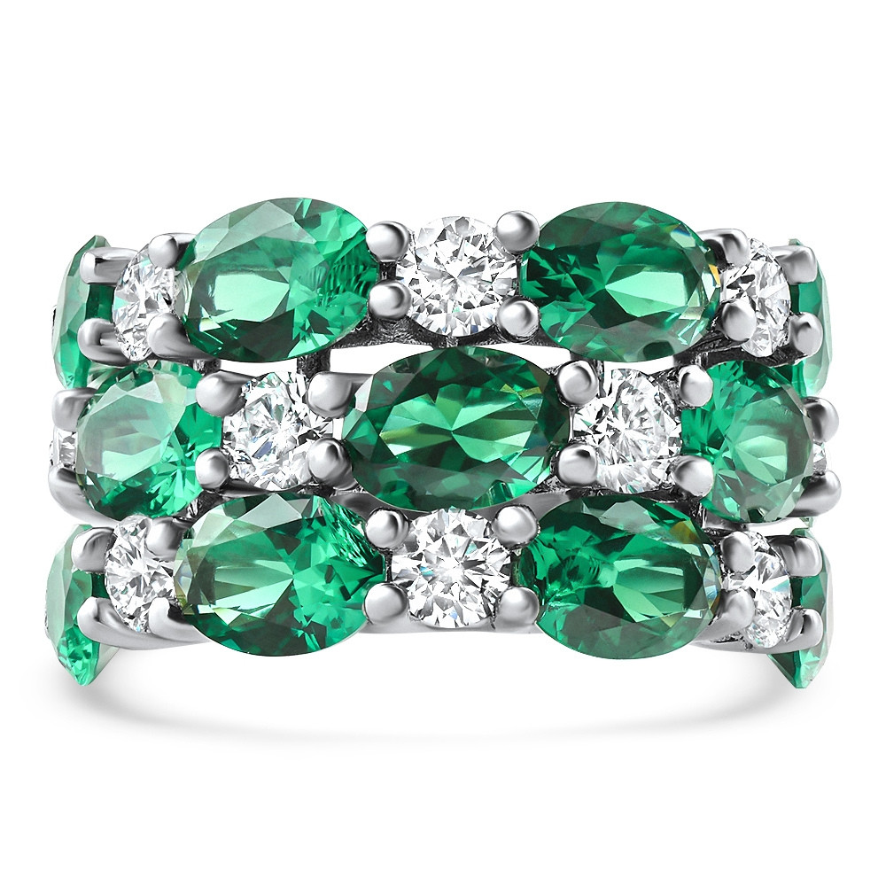 9Ct Emerald & Diamond Multi Row Diamond Anniversary Ring 14k Gold Lab Grown (F-G, VS)