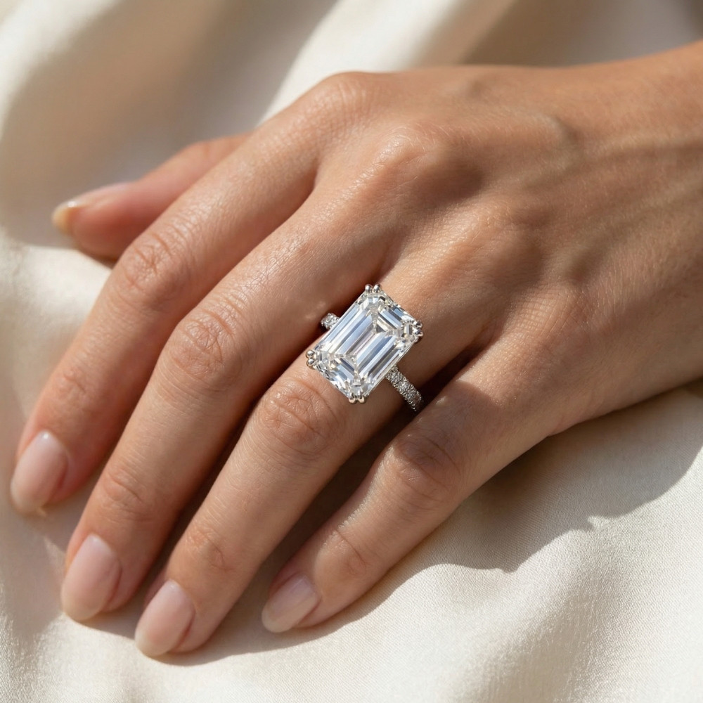 Certified 10.25Ct Emerald Cut Diamond Engagement Ring 14k Gold or PT Lab Grown (F-G, VS)