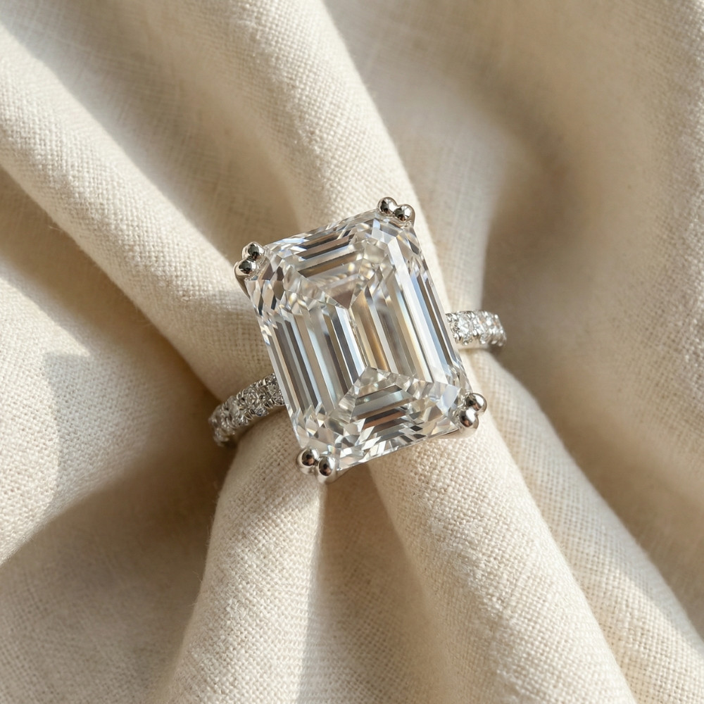 Certified 10.25Ct Emerald Cut Diamond Engagement Ring 14k Gold or PT Lab Grown (F-G, VS)