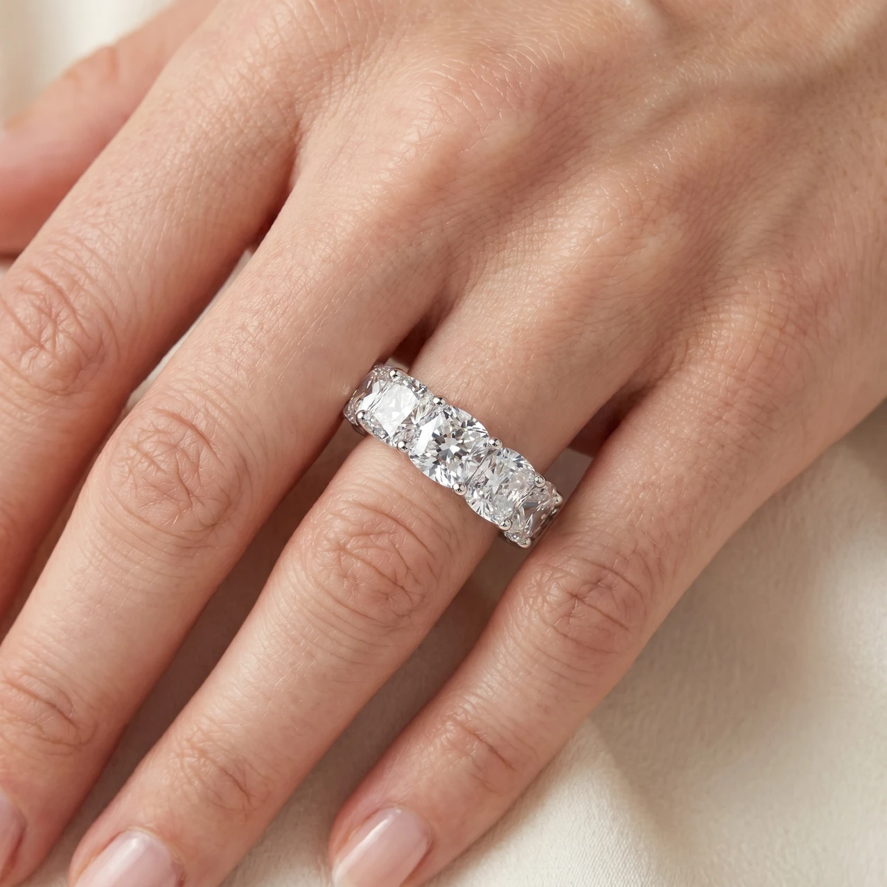 12Ct Cushion Cut Diamond Eternity Ring 14k Gold Wedding Band Lab Grown (E-F, VS)