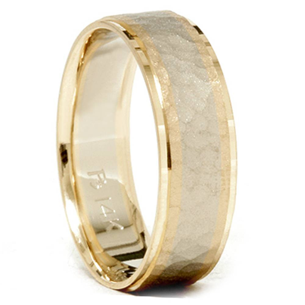 Mens 14k Gold Two Tone Hammered Comfort Wedding Band