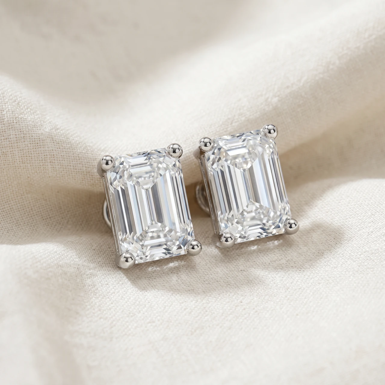 Emerald Cut Diamond Prong Studs 14k Gold Lab Grown (E-F, VS)
