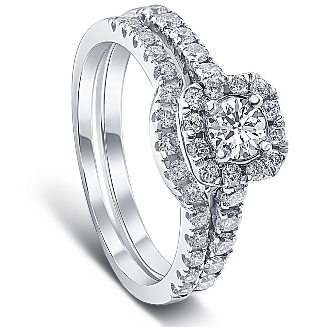 1 1/4Ct Cushion Halo Diamond Engagement Matching Wedding Ring Set 14K White Gold (G-H, I1)