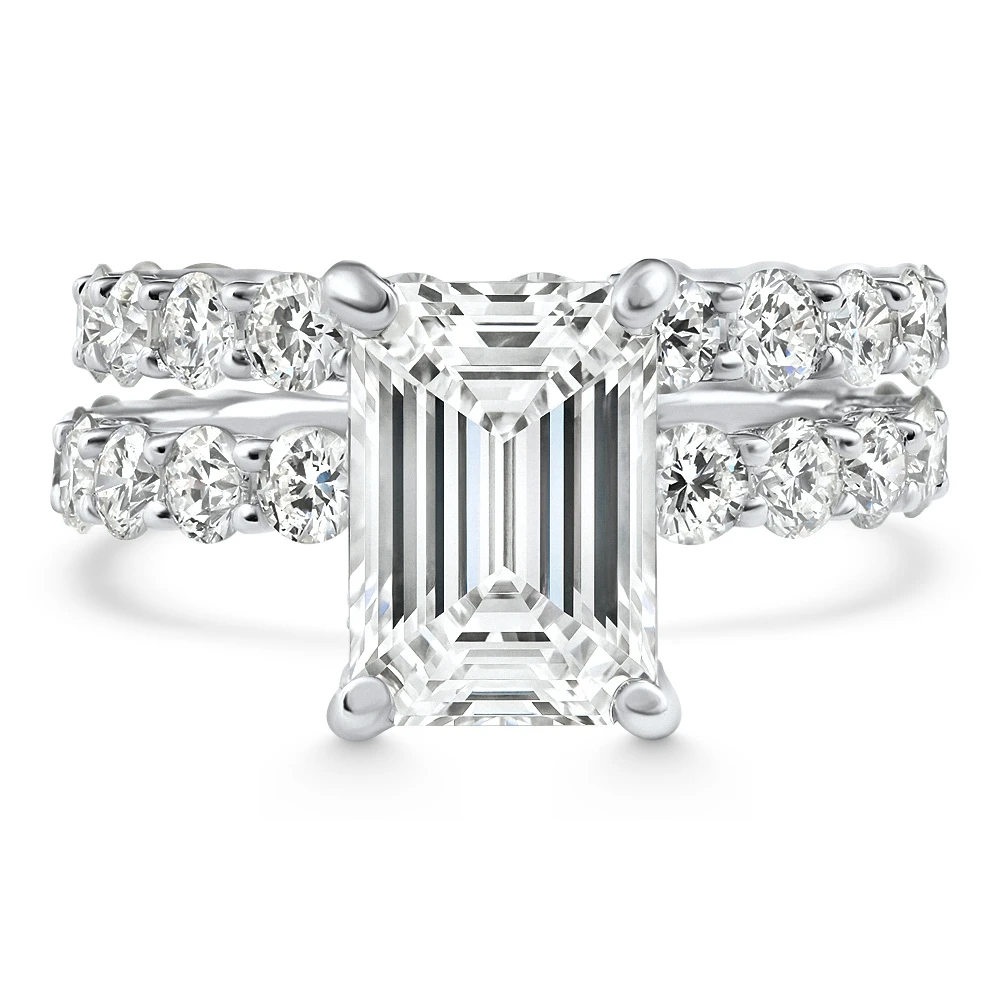 Certified 7.74Ct Emerald Diamond Side Halo Engagement Ring Set 14k Lab Grown (F-G, VS)