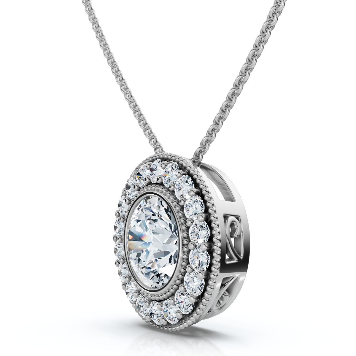 1Ct Beverly Diamond Halo Bezel Pendant 14k Gold 18" Necklace Lab Grown (F-G, VS)