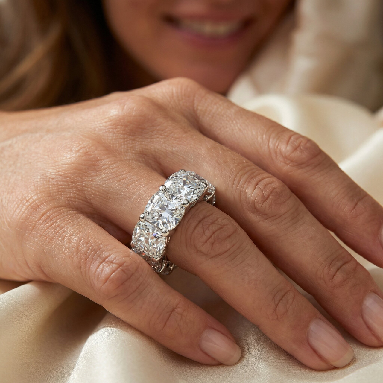 12Ct Cushion Cut Diamond Eternity Ring 14k Gold Basket Wedding Band Lab Grown (E-F, VS)