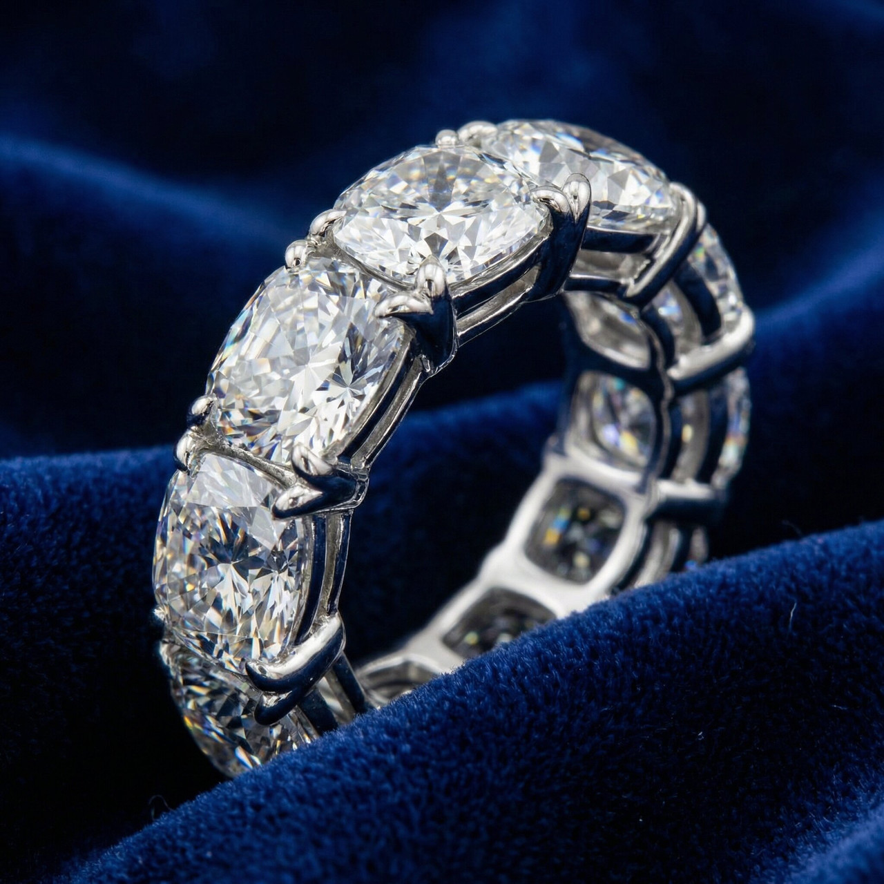 12Ct Cushion Cut Diamond Eternity Ring 14k Gold Basket Wedding Band Lab Grown (E-F, VS)