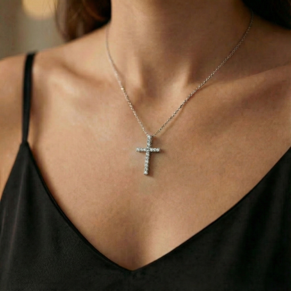 1Ct Diamond Cross Pendant 1 1/4" Tall Womens