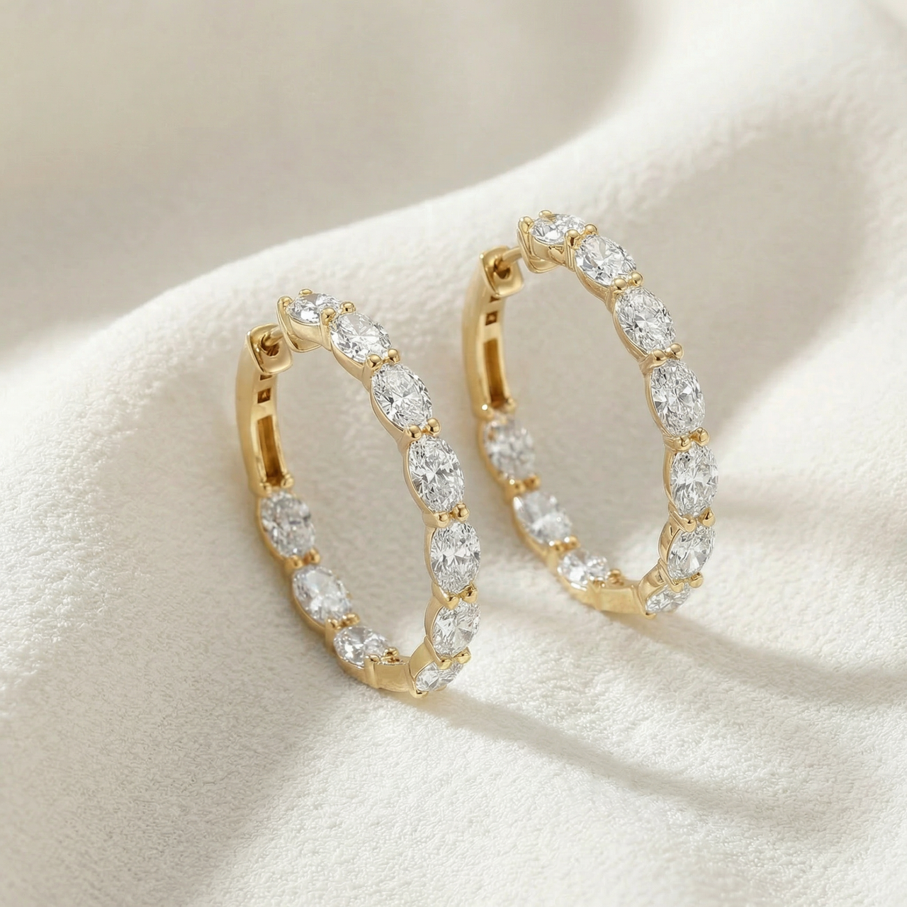 3Ct TW Oval Diamond Inside Outside Hoops 14k Yellow Gold Lab Grown 1" (E-F, VS)