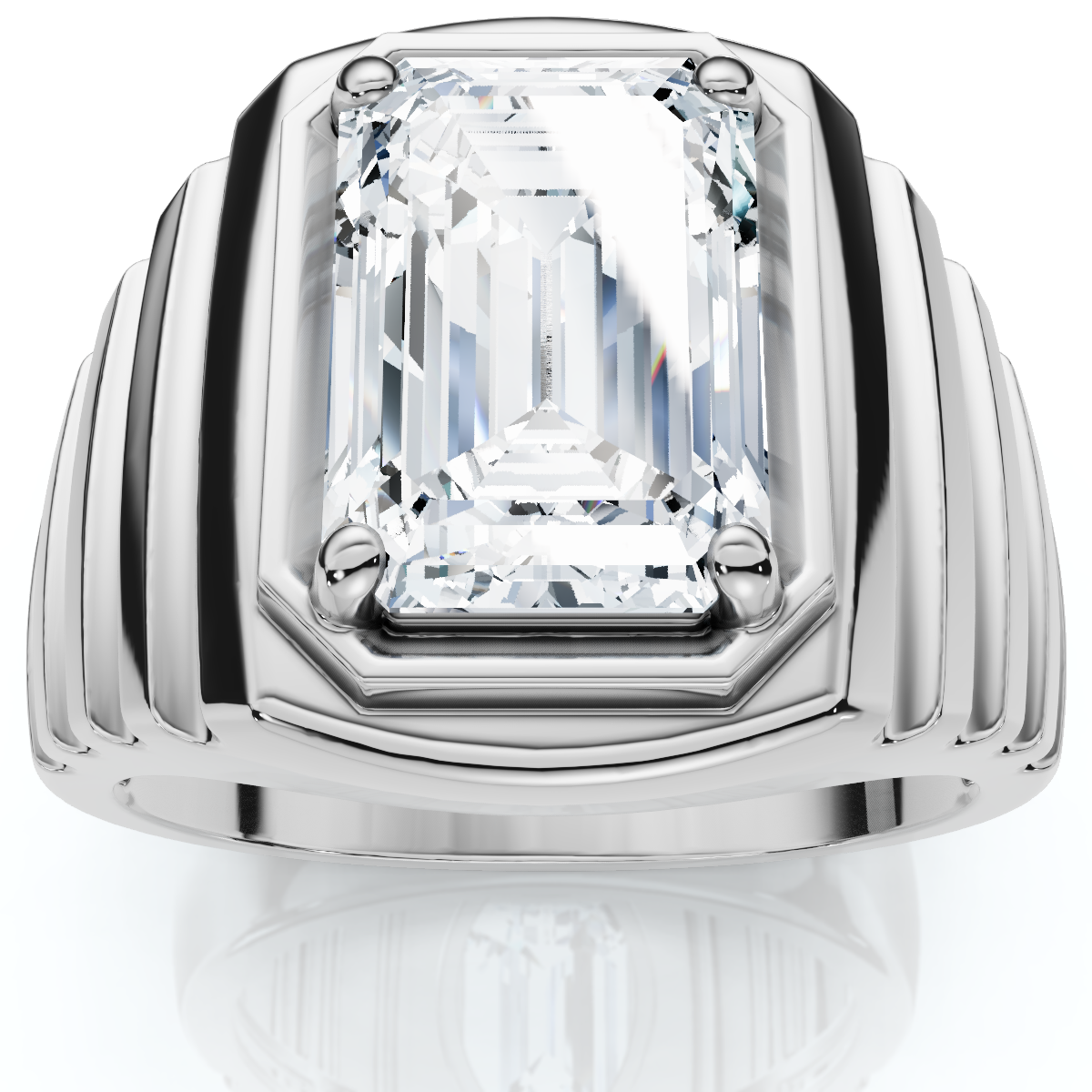 Men's Certified 4Ct Emerald Cut Diamond Ring Ridged Gold Band Lab Grown (F-G, VS)