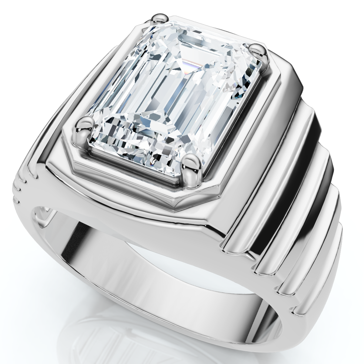 Men's Certified 4Ct Emerald Cut Diamond Ring Ridged Gold Band Lab Grown (F-G, VS)