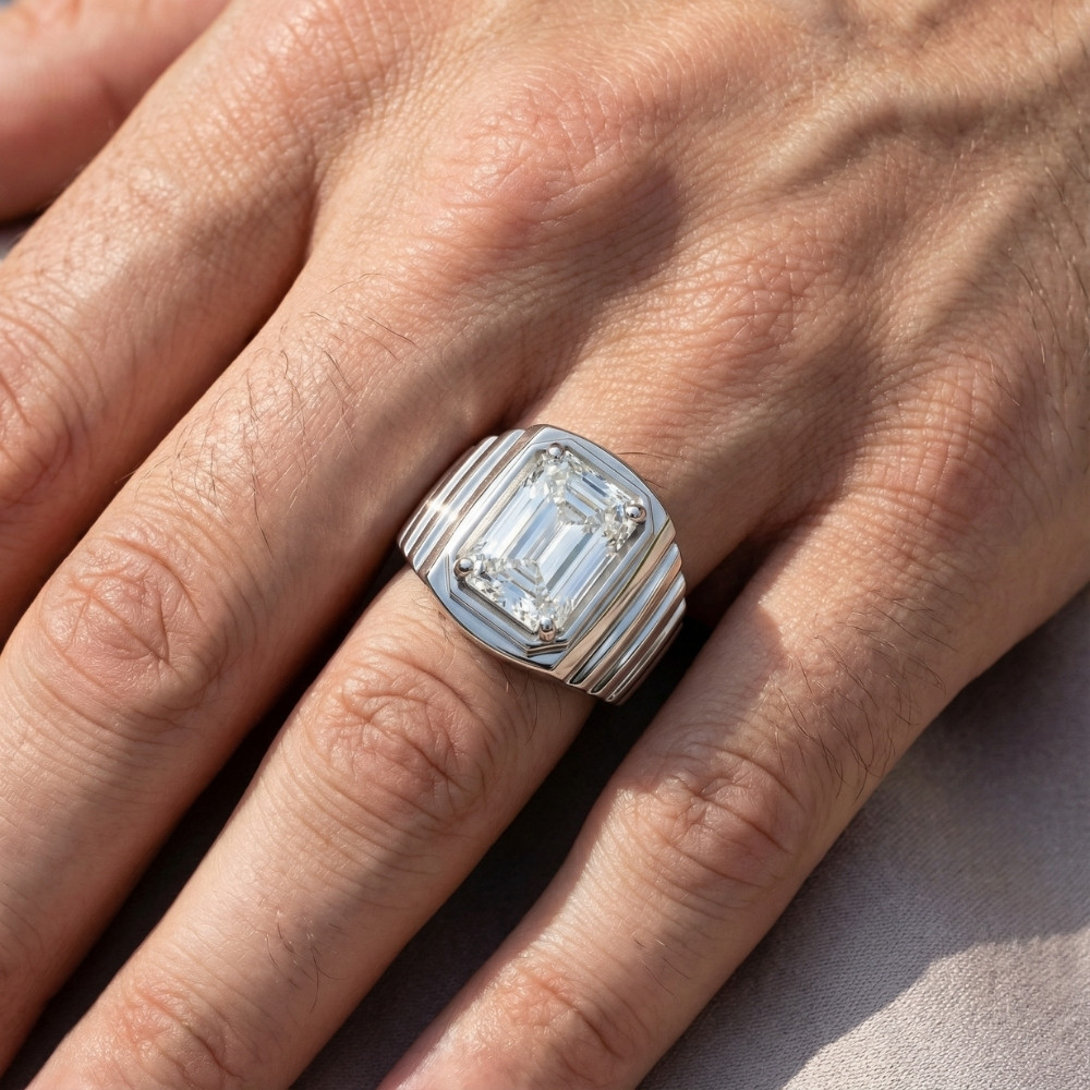 Men's Certified 4Ct Emerald Cut Diamond Ring Ridged Gold Band Lab Grown (F-G, VS)