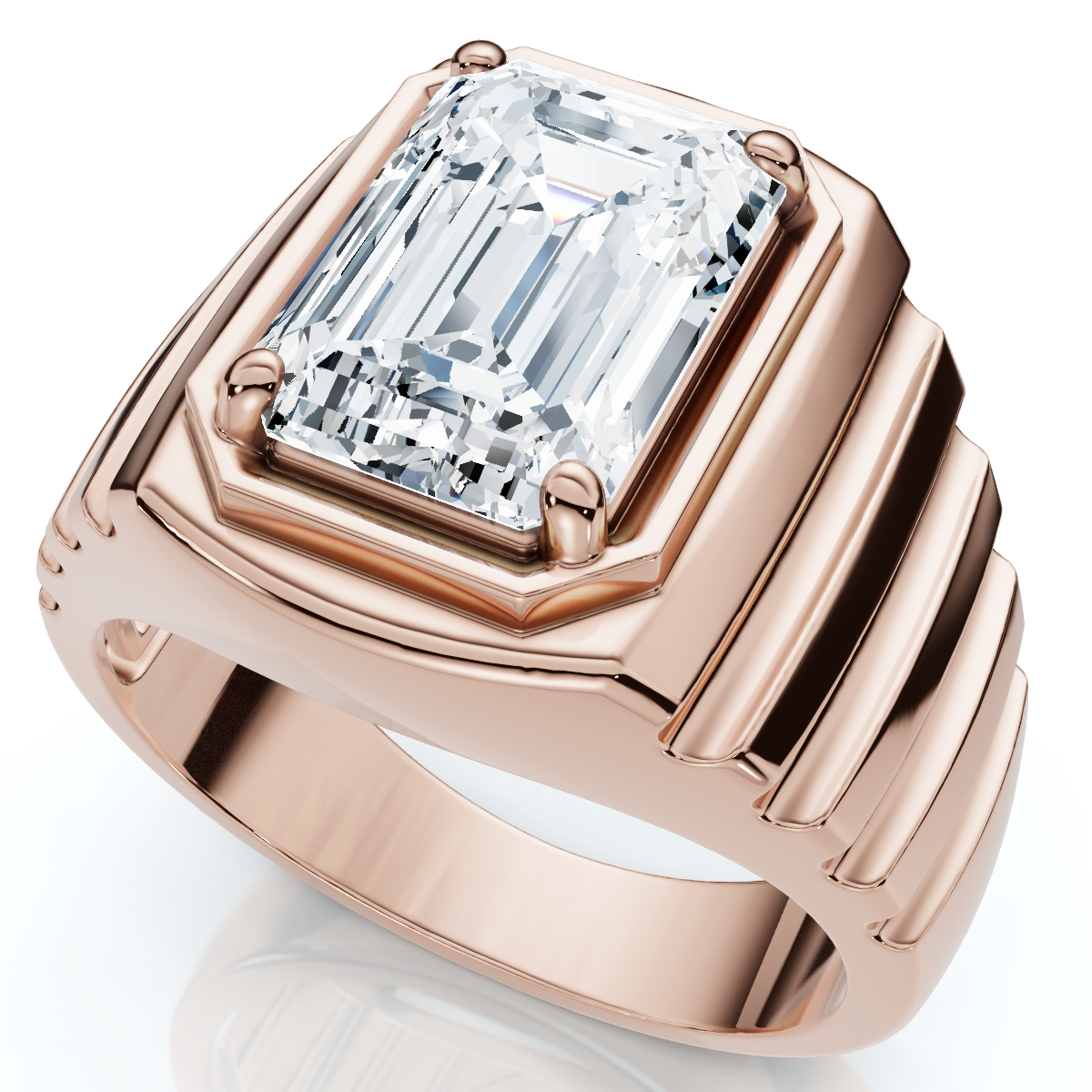 Men's Certified 4Ct Emerald Cut Diamond Ring Ridged Gold Band Lab Grown (F-G, VS)
