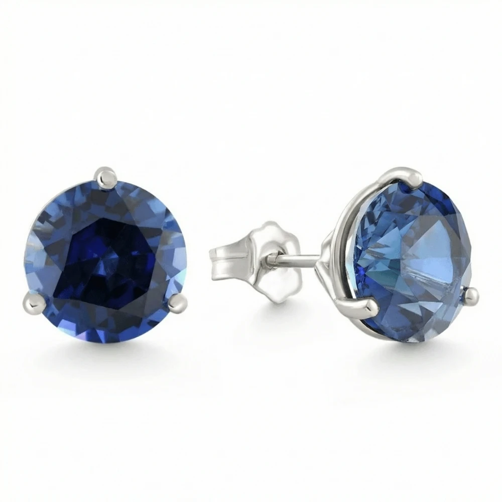 7Ct Round Blue Sapphire Studs 9mm Women's 14k Earring 3 Prong Martini Lab Grown