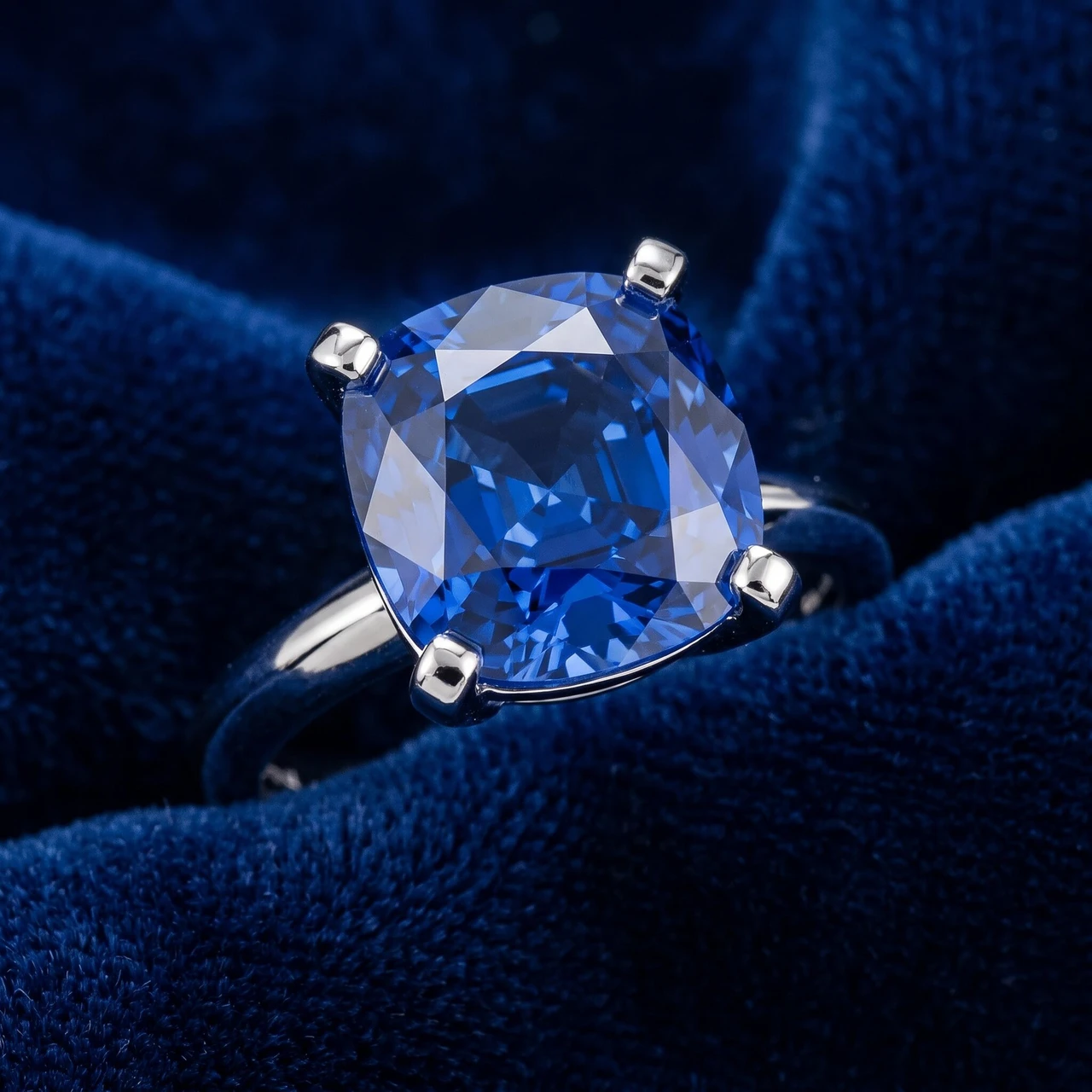 5Ct Cushion Blue Sapphire Solitaire Ring 14k Gold Lab Grown 10MM