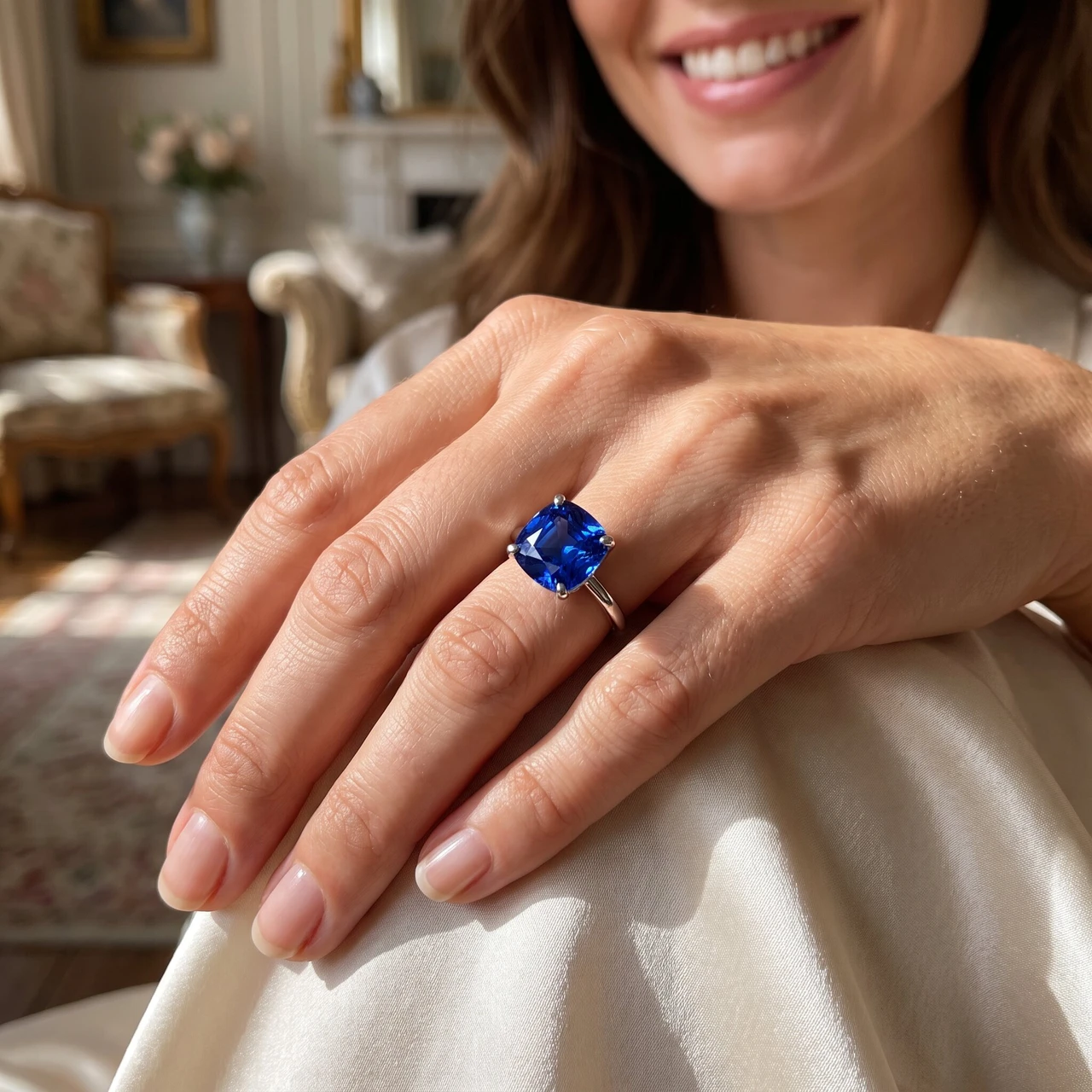 5Ct Cushion Blue Sapphire Solitaire Ring 14k Gold Lab Grown 10MM