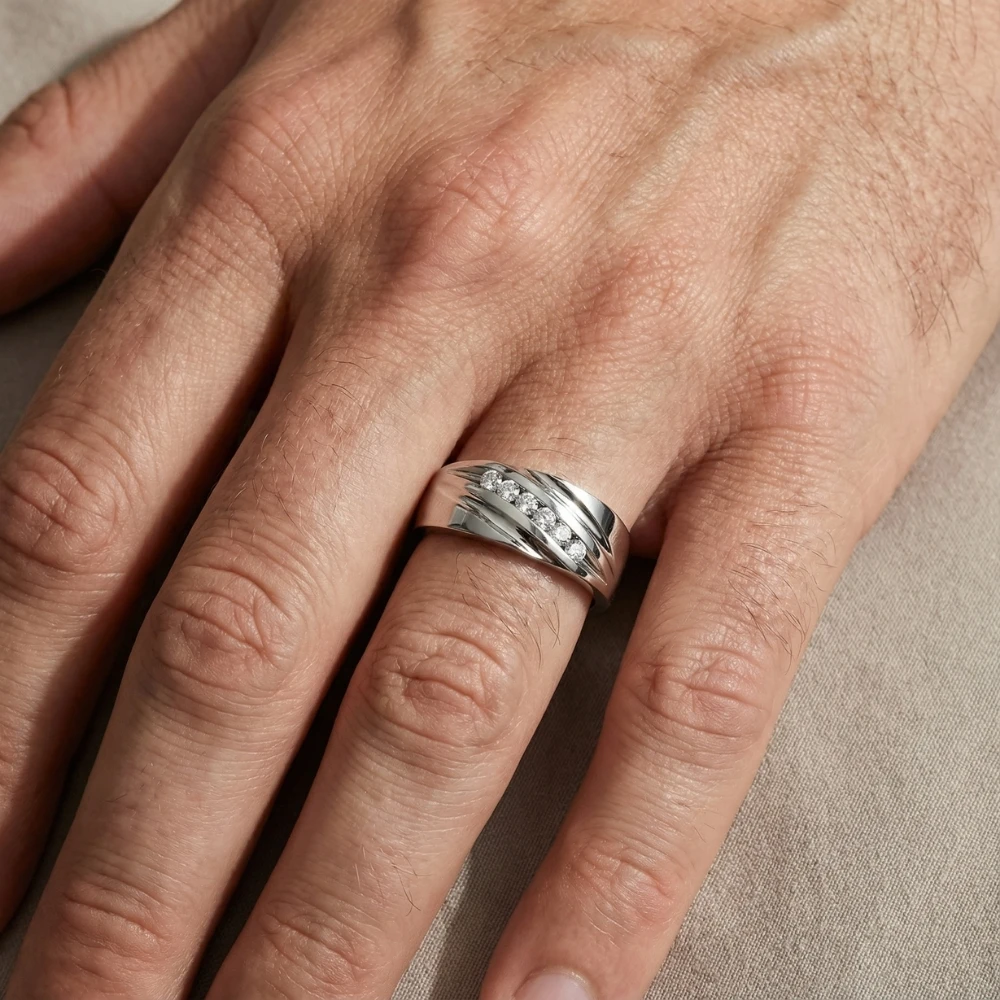 Men's 1/4Ct Wave Diamond Wedding Ring Gold or Platinum Lab Grown (F-G, VS)