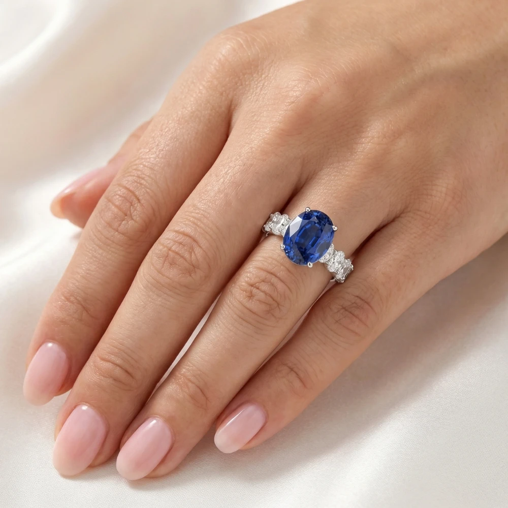 7 1/2Ct Oval Blue Sapphire Diamond Engagement Ring 14k Gold Lab Grown (E-F, VS)