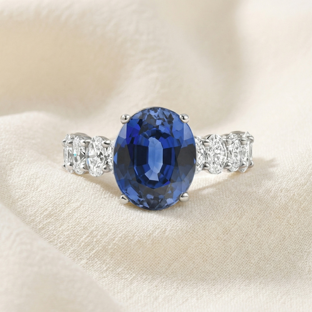 7 1/2Ct Oval Blue Sapphire Diamond Engagement Ring 14k Gold Lab Grown (E-F, VS)