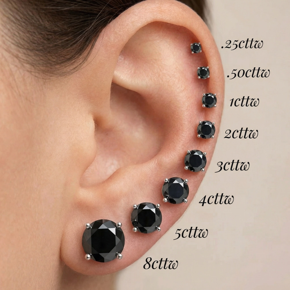 Round 4-Prong Black Diamond Studs 14k Gold (Black, I2-I3)