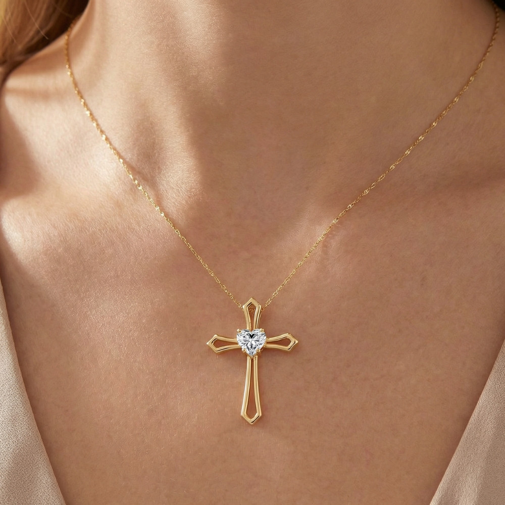 1Ct Cross Solitaire Heart Shape Diamond Necklace Gold Womens Necklace 1" Tall (F-G, VS)