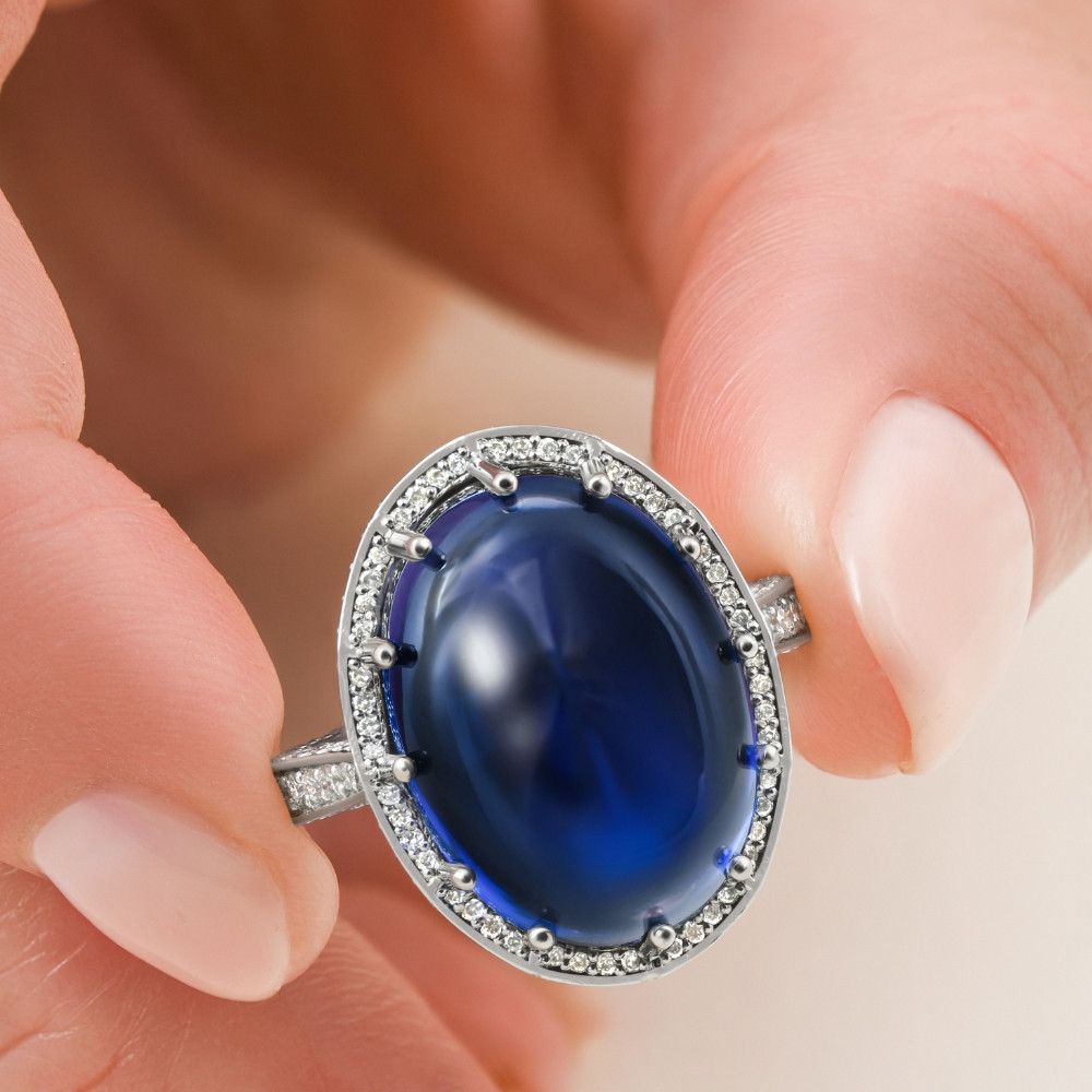 22.70Ct Ceylon Star Sapphire Diamond Heirloom Ring 14k White Gold Lab Grown (E-F, VS)