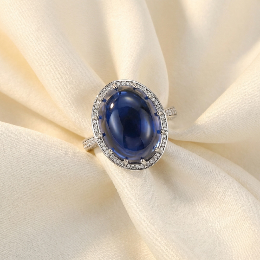 22.70Ct Ceylon Star Sapphire Diamond Heirloom Ring 14k White Gold Lab Grown (E-F, VS)