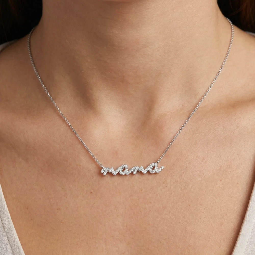 Diamond Script Mama Pendant Gold Necklace 1 1/2" Wide Lab Grown (E-F, VS)
