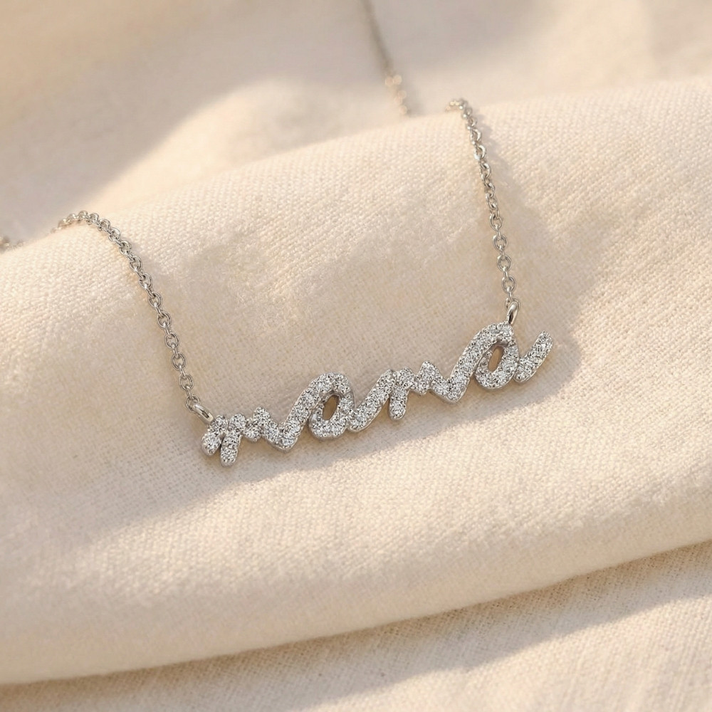 Diamond Script Mama Pendant Gold Necklace 1 1/2" Wide Lab Grown (E-F, VS)