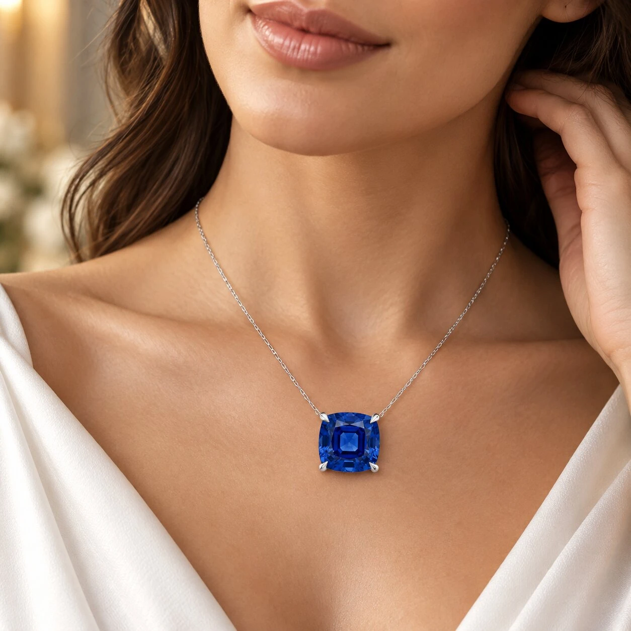 Certified 9.50ct Cushion Blue Sapphire Pendant 14k Gold Necklace Lab Grown 12mm