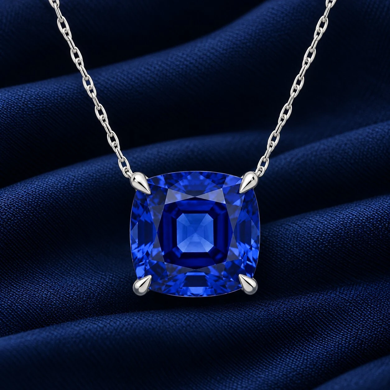 Certified 9.50ct Cushion Blue Sapphire Pendant 14k Gold Necklace Lab Grown 12mm