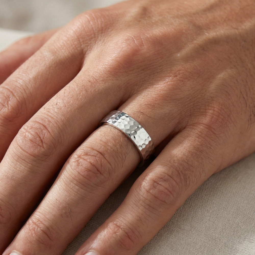 Men's Polished Hammered Wedding Band 14k Gold or Platinum