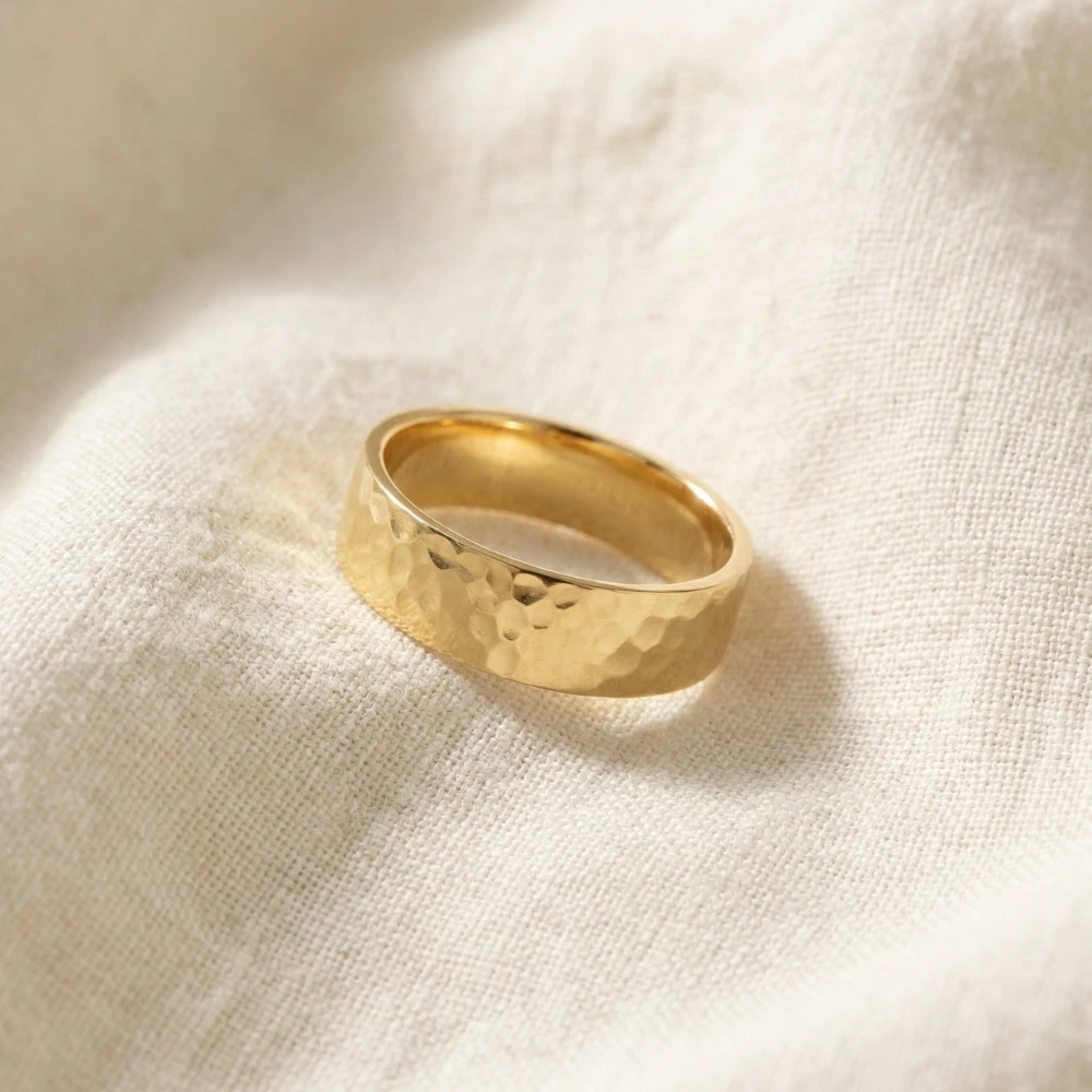 Men's Polished Hammered Wedding Band 14k Gold or Platinum