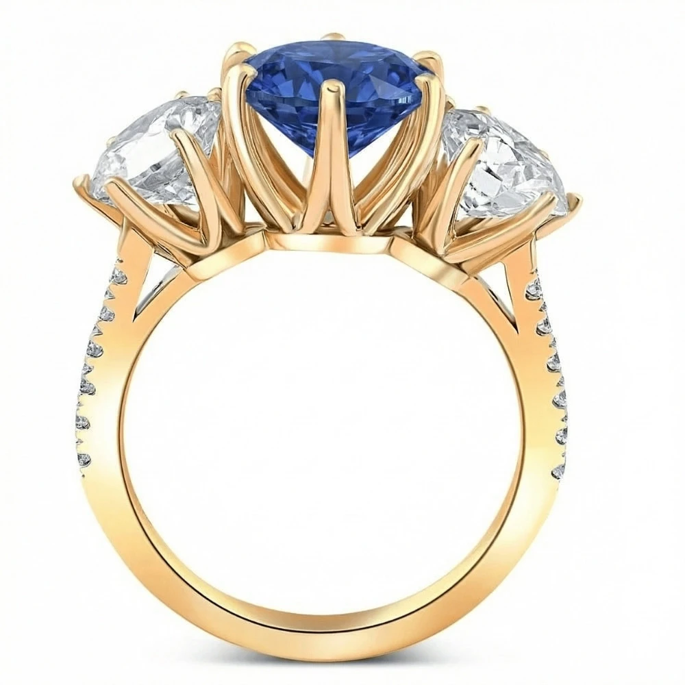 Certified 6 3/4Ct Blue Sapphire Diamond Ring Three Stone Gold Lab Grown (G-H, VS)