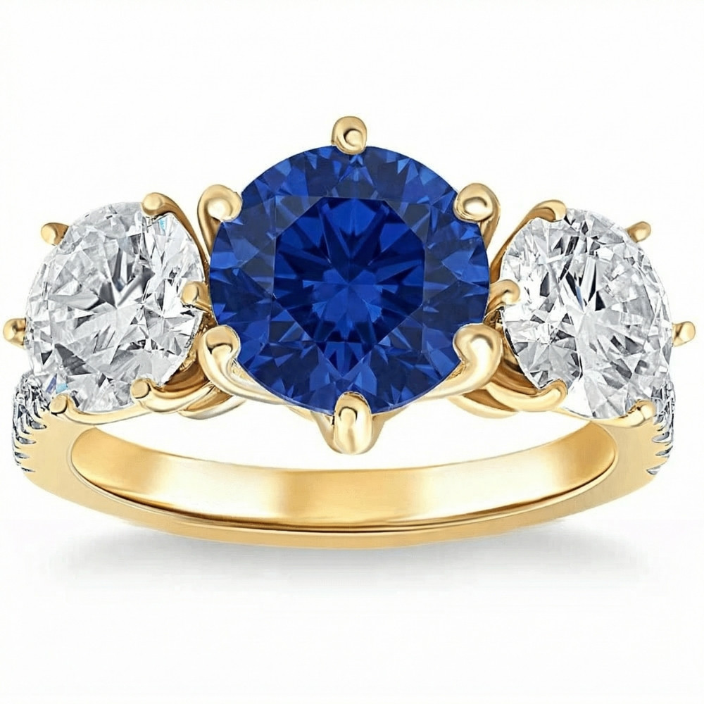 Certified 6 3/4Ct Blue Sapphire Diamond Ring Three Stone Gold Lab Grown (G-H, VS)