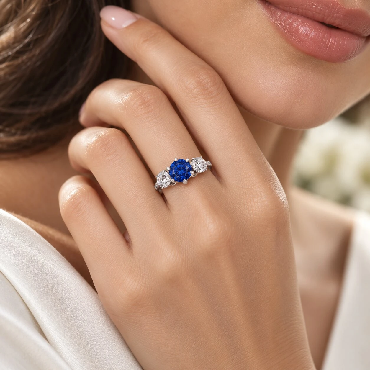 Certified 6 3/4Ct Blue Sapphire Diamond Ring Three Stone Gold Lab Grown (G-H, VS)