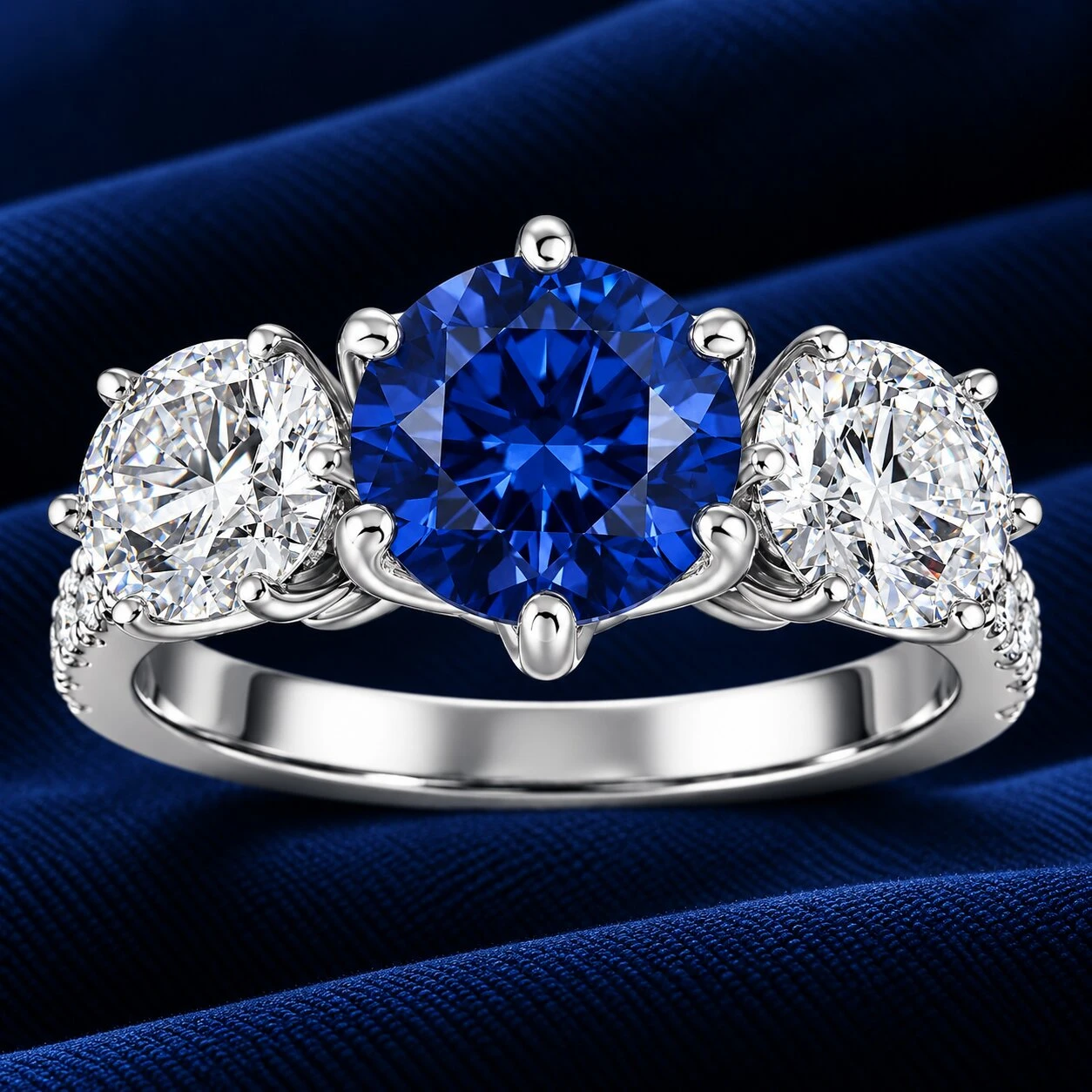 Certified 6 3/4Ct Blue Sapphire Diamond Ring Three Stone Gold Lab Grown (G-H, VS)