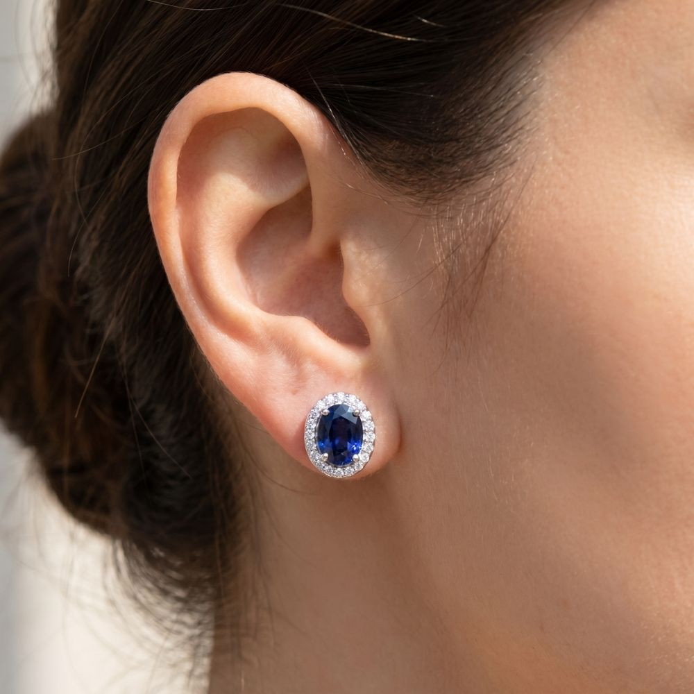 2 1/4ct Blue Sapphire Diamond Halo Studs 14K White Gold (G-H, I2-I3)